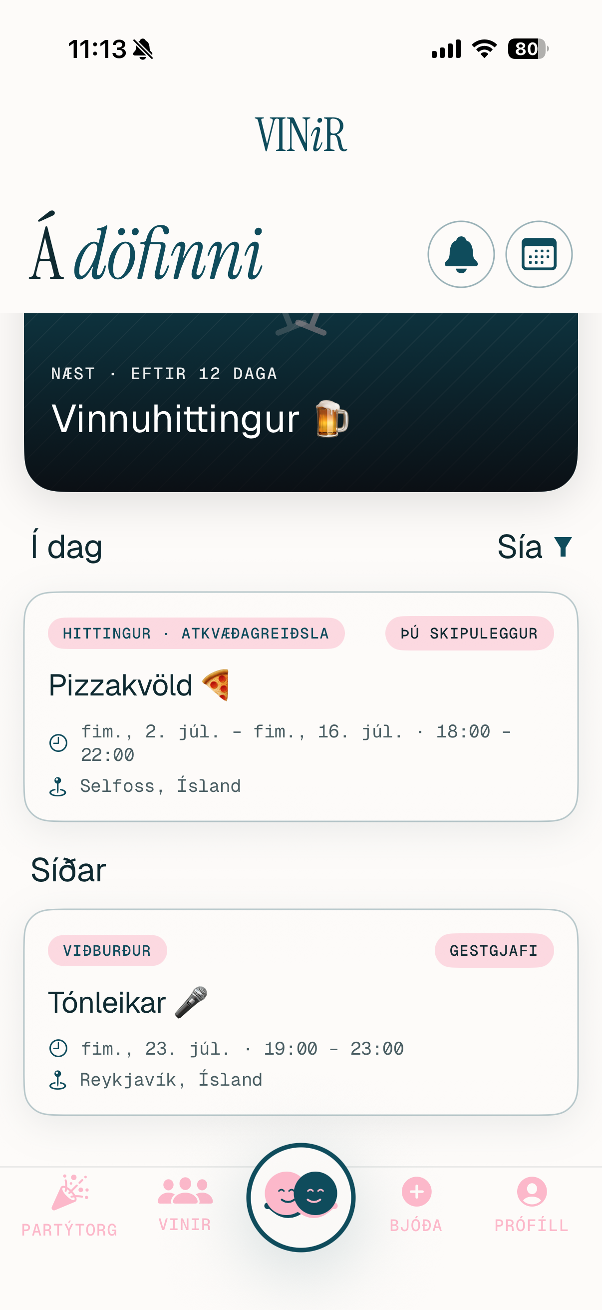 Á döfinni — Heim skjár Vinir appsins með yfirliti yfir komandi viðburði