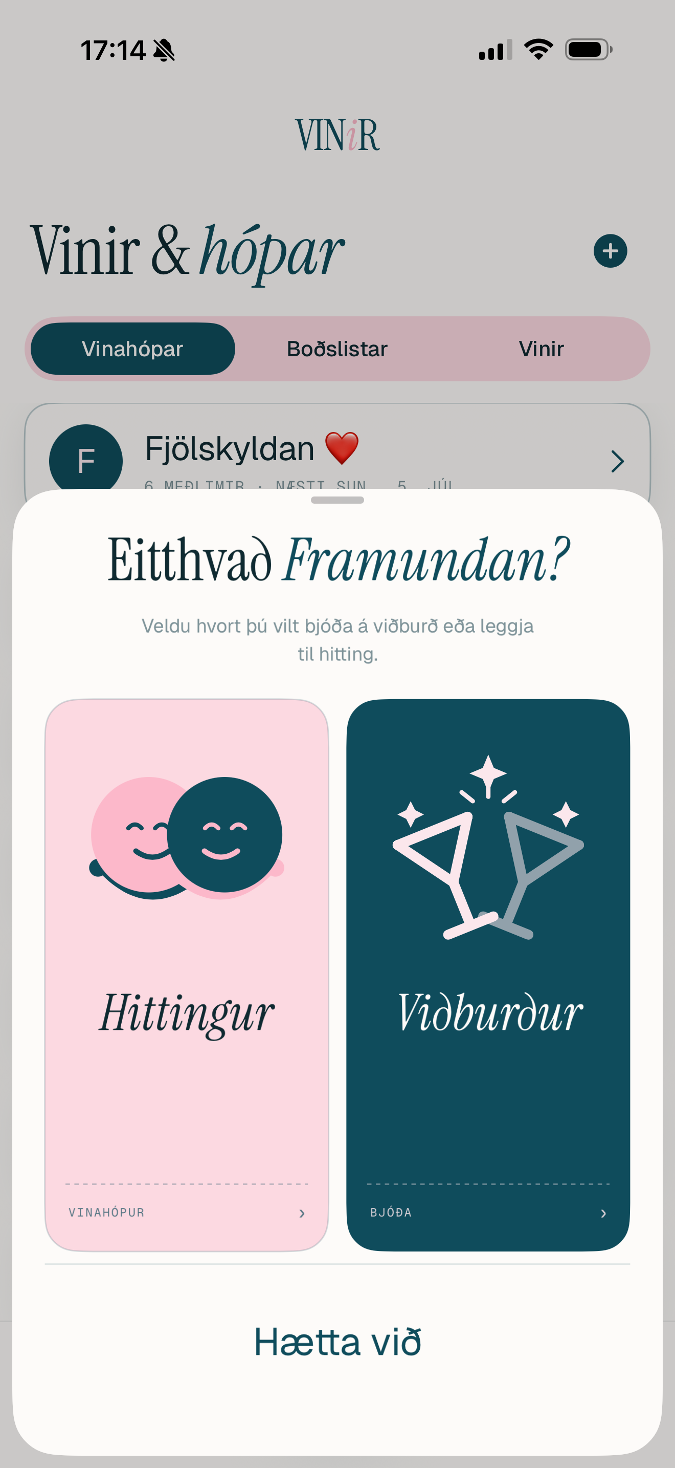 Stofna hitting eða viðburð — Bjóða popup í Vinir appinu
