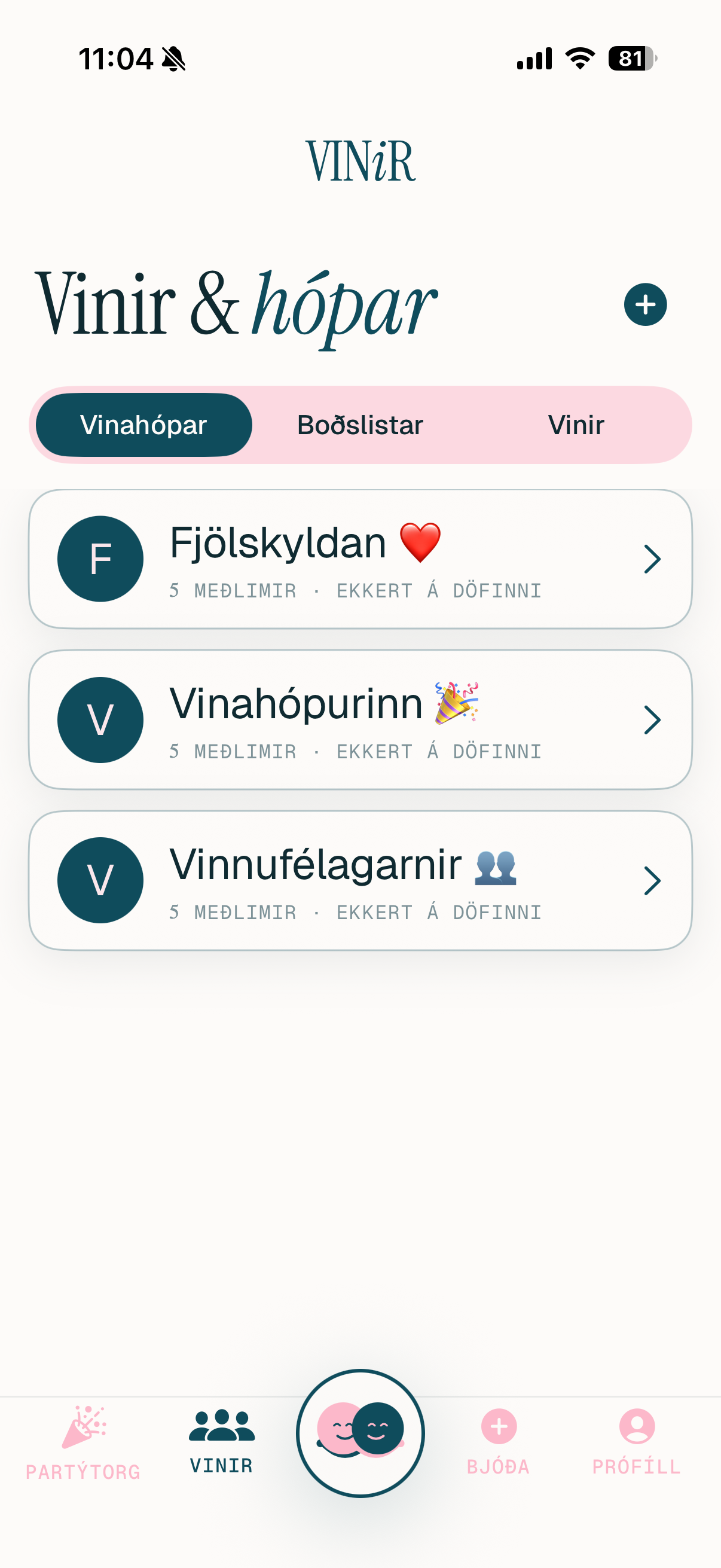 Vinahópar — skjáskot úr Vinir appinu